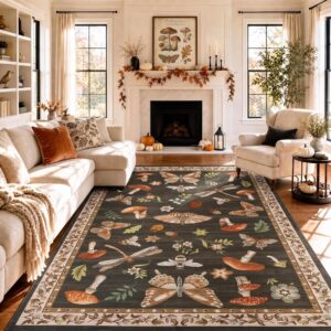 ROYHOME Mushroom Insect Washable Rug 5x7 for Bedroom Living Room Brown | Playroom Nursery Office Bug Moth Cute Funky Cottage Core Whimsical Boy Carpet Low-Pile Non-Slip Stain Resistant TPE Backing