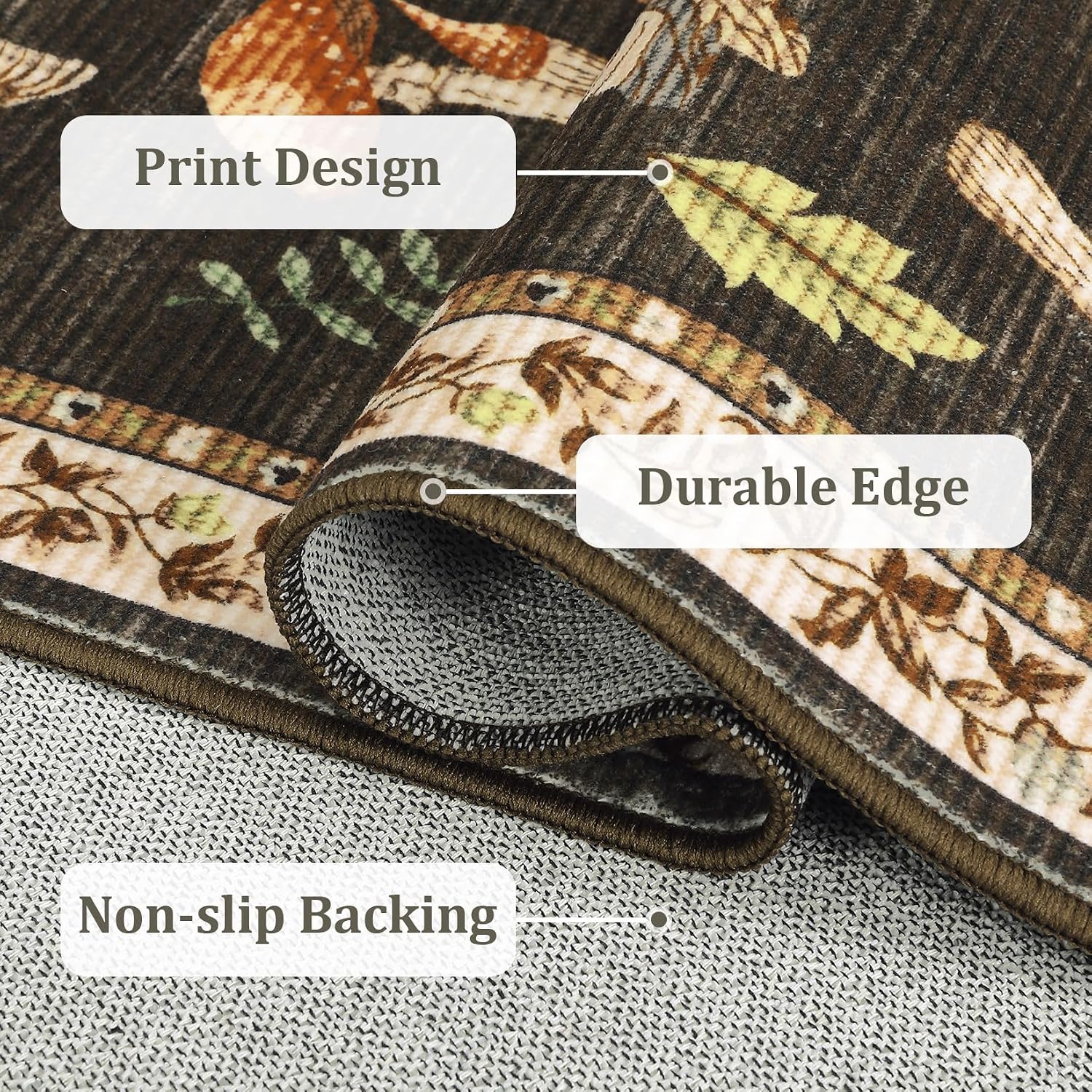 ROYHOME Mushroom Insect Washable Rug 5x7 for Bedroom Living Room Brown | Playroom Nursery Office Bug Moth Cute Funky Cottage Core Whimsical Boy Carpet Low-Pile Non-Slip Stain Resistant TPE Backing - Image 2