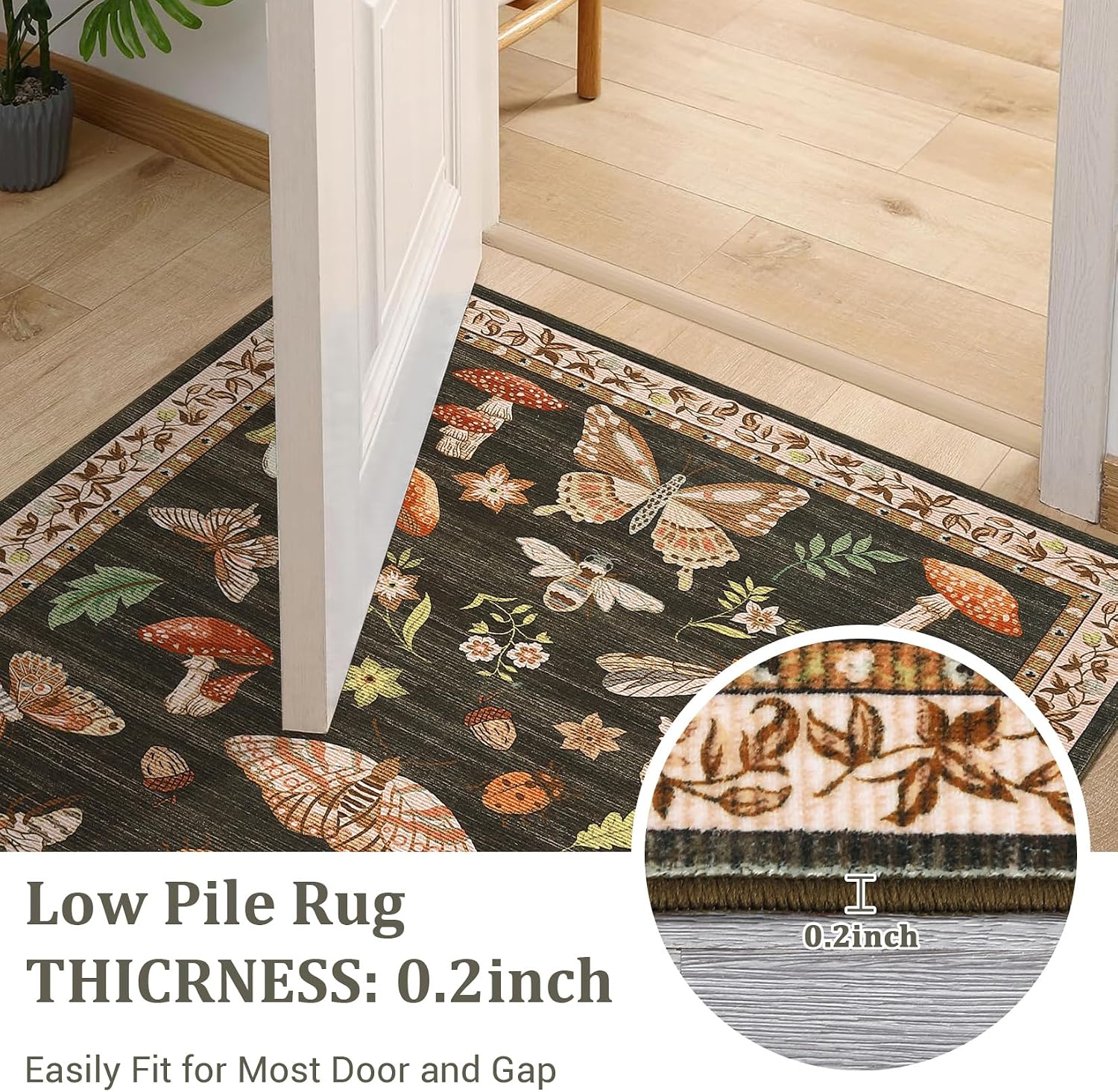 ROYHOME Mushroom Insect Washable Rug 5x7 for Bedroom Living Room Brown | Playroom Nursery Office Bug Moth Cute Funky Cottage Core Whimsical Boy Carpet Low-Pile Non-Slip Stain Resistant TPE Backing - Image 3