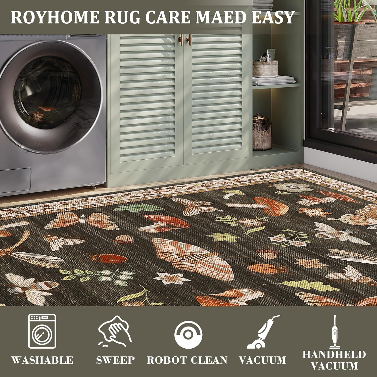 ROYHOME Mushroom Insect Washable Rug 5x7 for Bedroom Living Room Brown | Playroom Nursery Office Bug Moth Cute Funky Cottage Core Whimsical Boy Carpet Low-Pile Non-Slip Stain Resistant TPE Backing - Image 4
