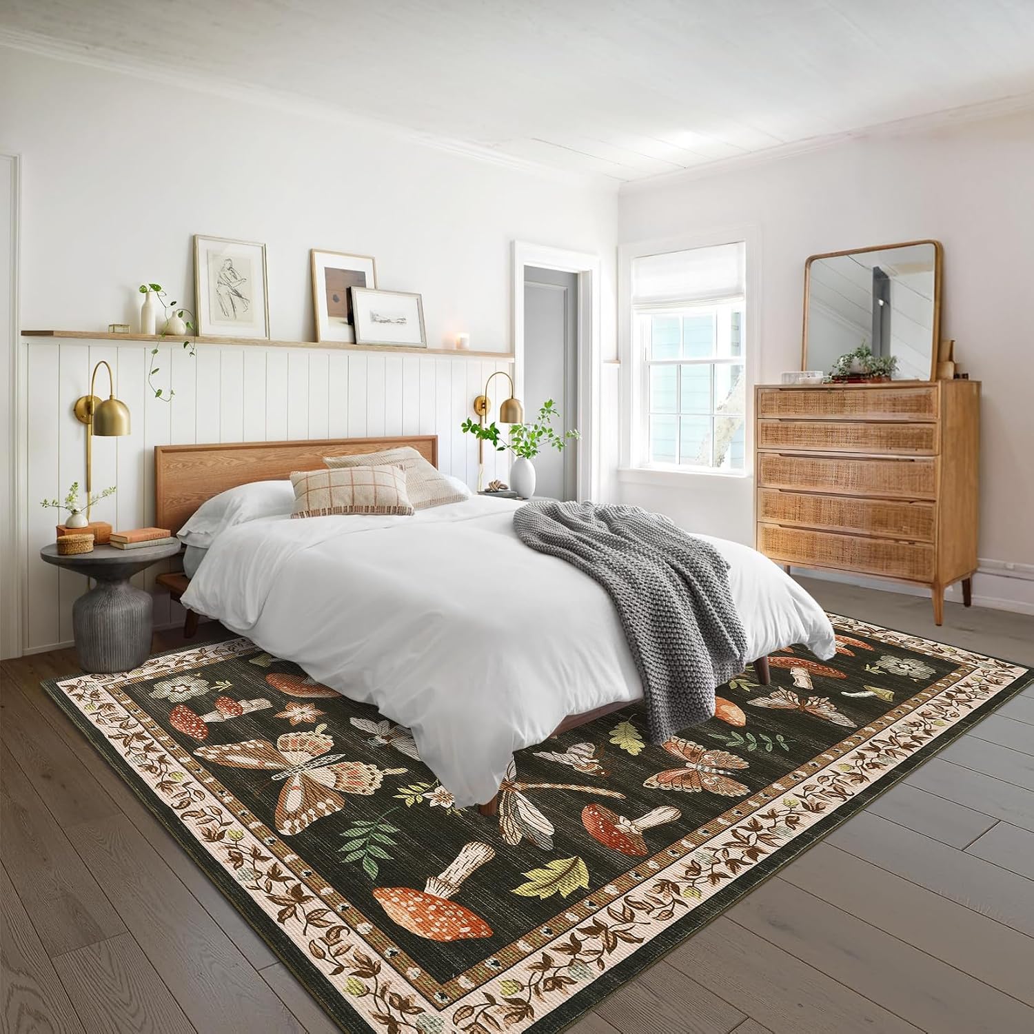 ROYHOME Mushroom Insect Washable Rug 5x7 for Bedroom Living Room Brown | Playroom Nursery Office Bug Moth Cute Funky Cottage Core Whimsical Boy Carpet Low-Pile Non-Slip Stain Resistant TPE Backing - Image 6