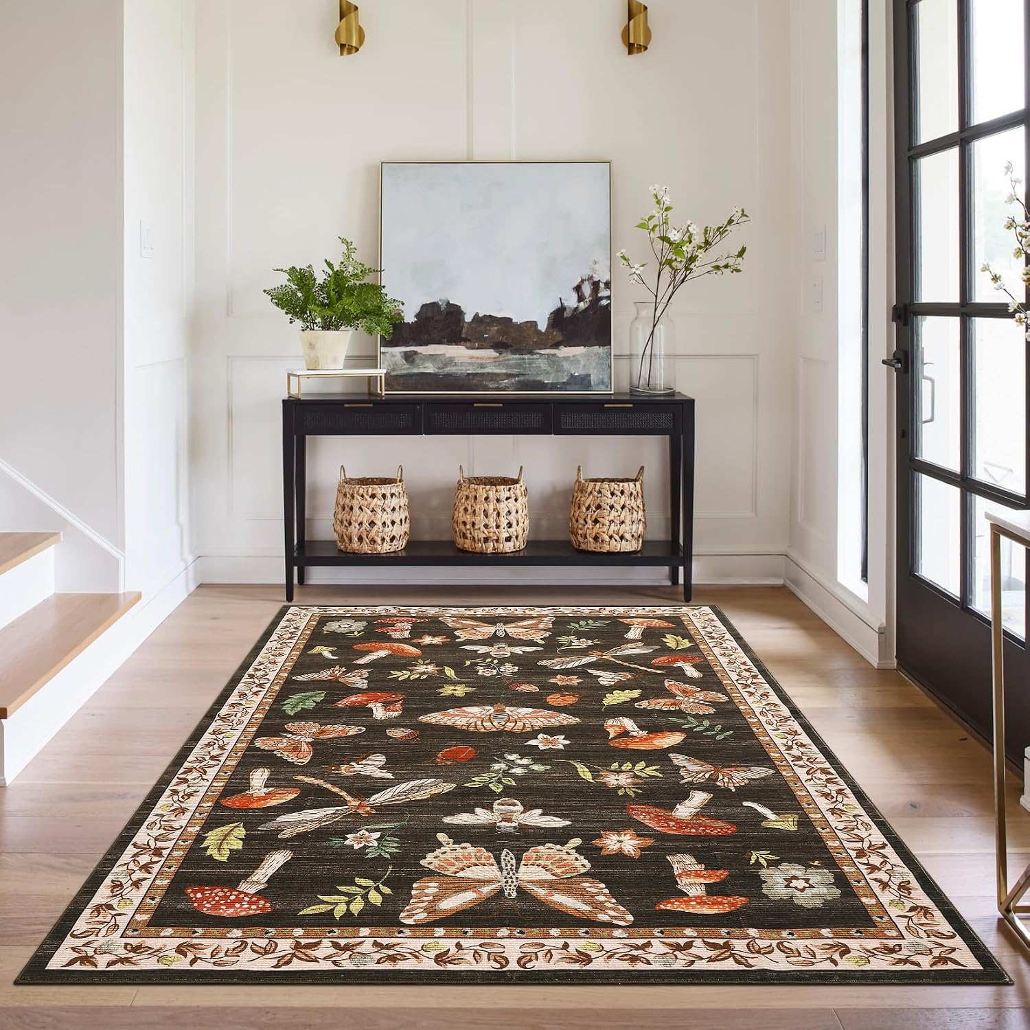 ROYHOME Mushroom Insect Washable Rug 5x7 for Bedroom Living Room Brown | Playroom Nursery Office Bug Moth Cute Funky Cottage Core Whimsical Boy Carpet Low-Pile Non-Slip Stain Resistant TPE Backing - Image 7