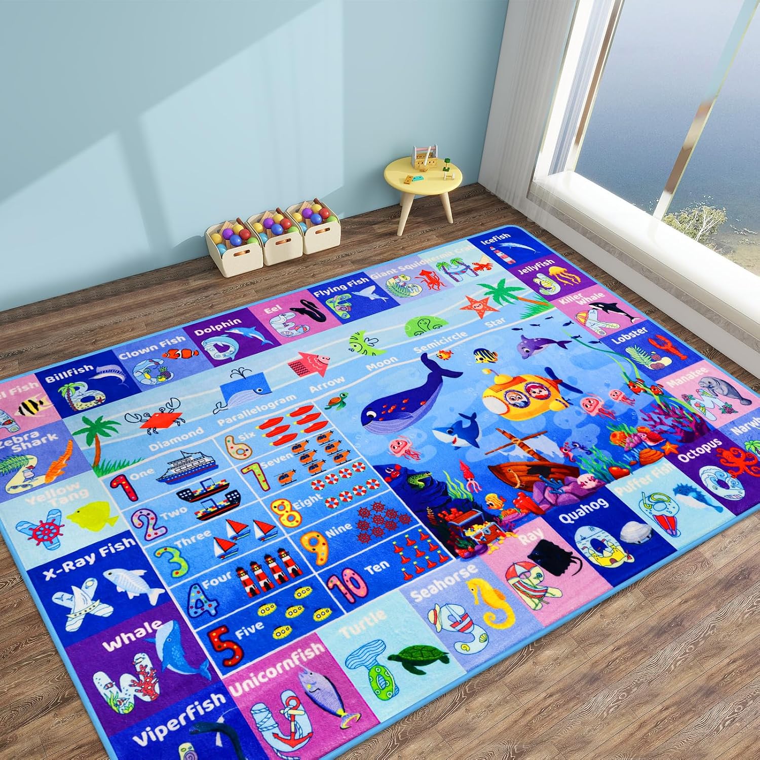 3'3"×5' Interactive Ocean World Learning Rug with ABC, Sea Animals, Numbers & Shapes for & Preschoolers, Washable Non-Slip Carpet for Playroom, Nursery & Homeschool