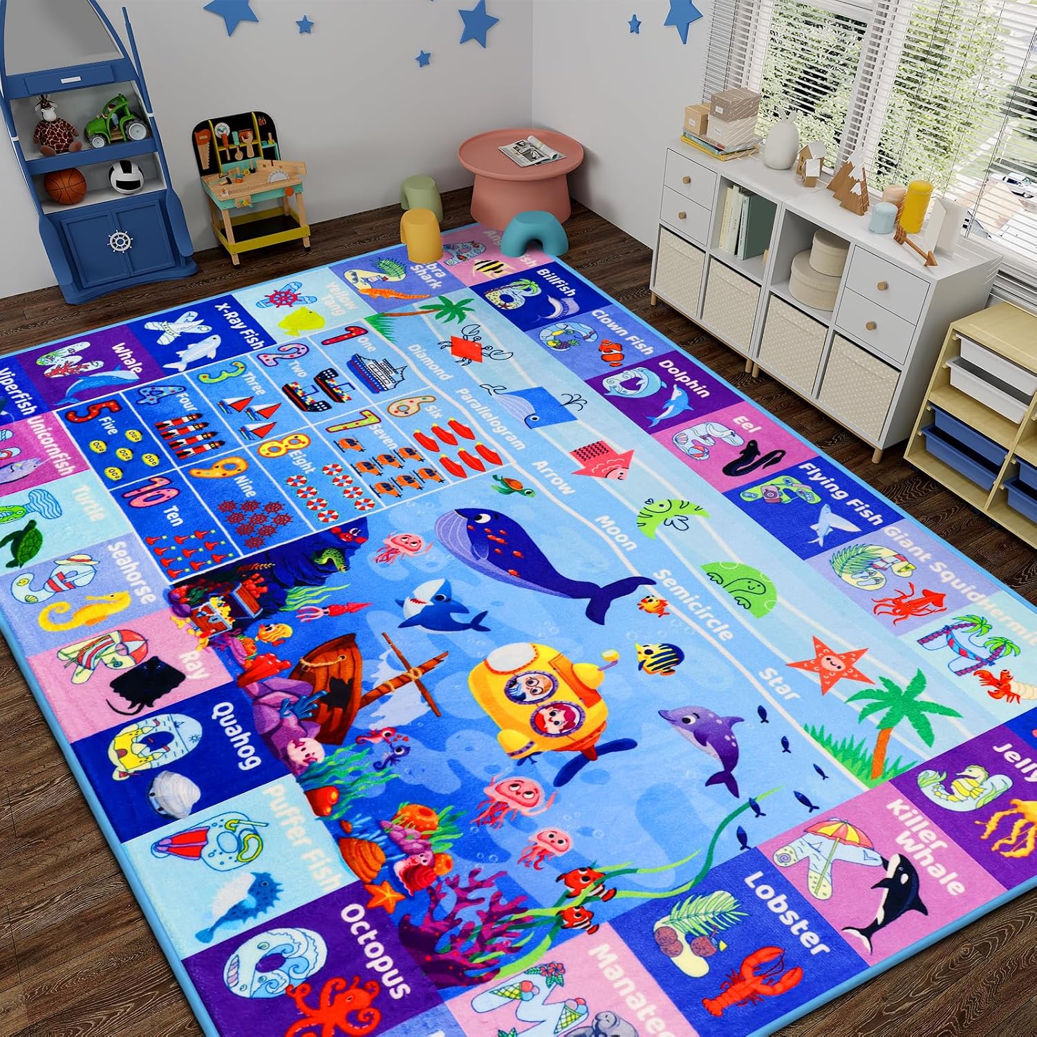 3'3"×5' Interactive Ocean World Learning Rug with ABC, Sea Animals, Numbers & Shapes for & Preschoolers, Washable Non-Slip Carpet for Playroom, Nursery & Homeschool - Image 2