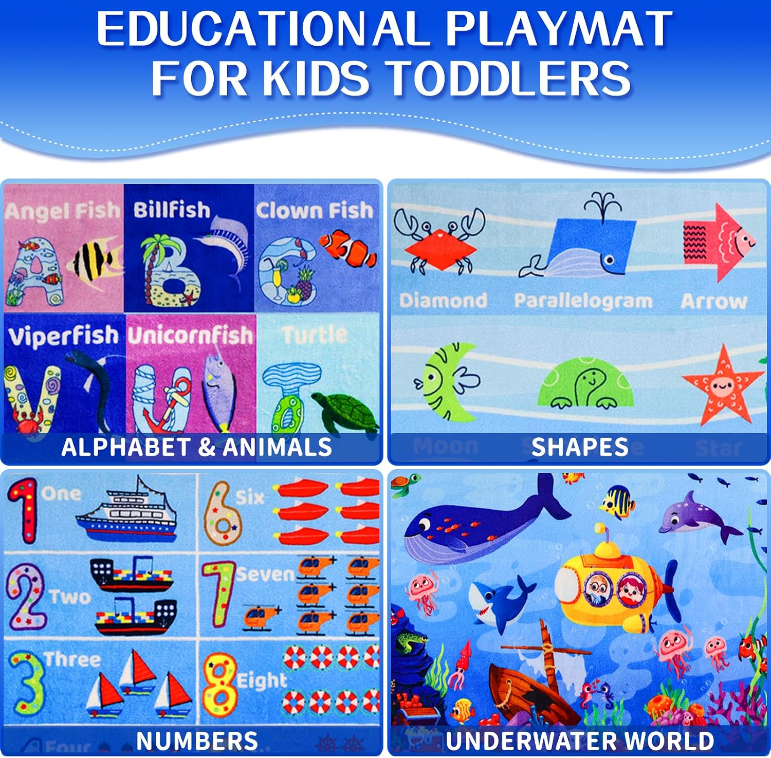 3'3"×5' Interactive Ocean World Learning Rug with ABC, Sea Animals, Numbers & Shapes for & Preschoolers, Washable Non-Slip Carpet for Playroom, Nursery & Homeschool - Image 3