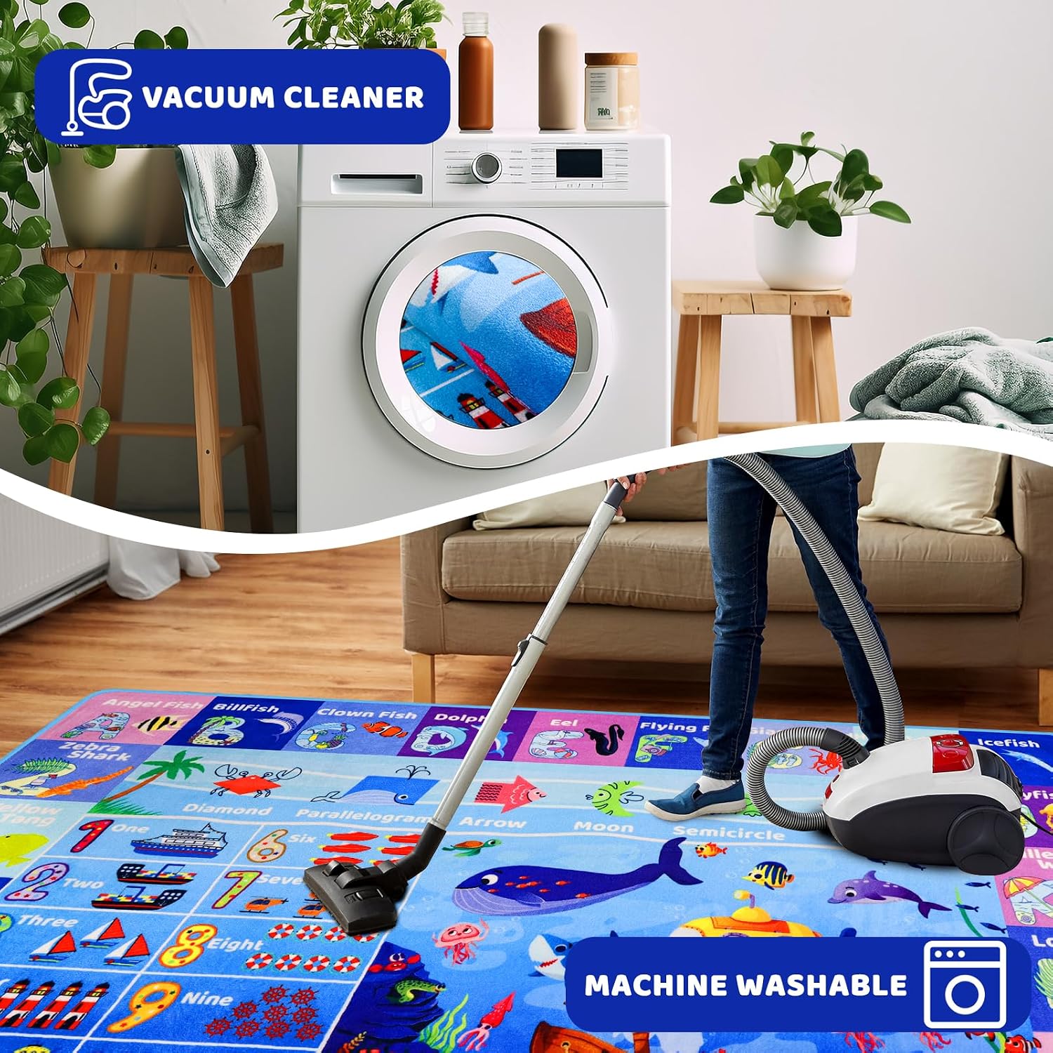 3'3"×5' Interactive Ocean World Learning Rug with ABC, Sea Animals, Numbers & Shapes for & Preschoolers, Washable Non-Slip Carpet for Playroom, Nursery & Homeschool - Image 5