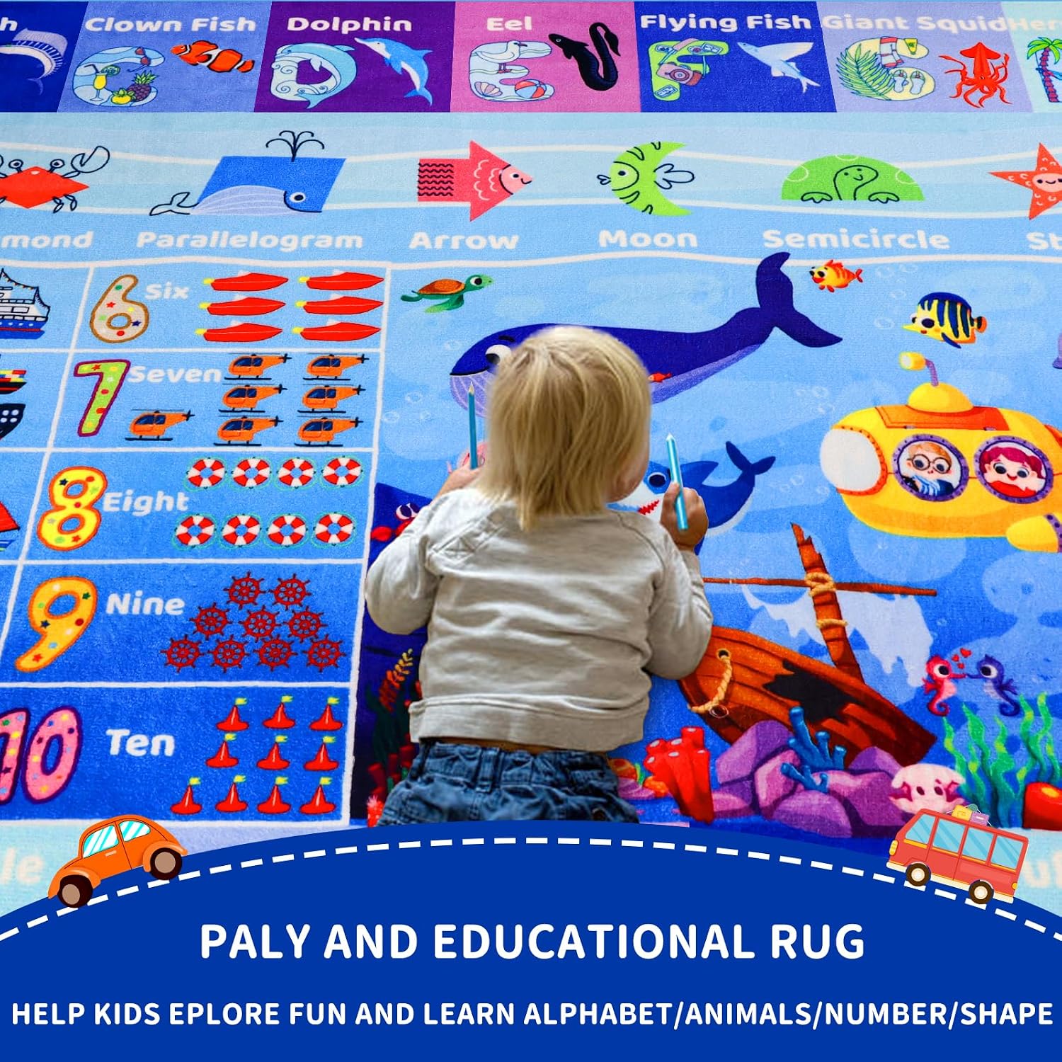 3'3"×5' Interactive Ocean World Learning Rug with ABC, Sea Animals, Numbers & Shapes for & Preschoolers, Washable Non-Slip Carpet for Playroom, Nursery & Homeschool - Image 6