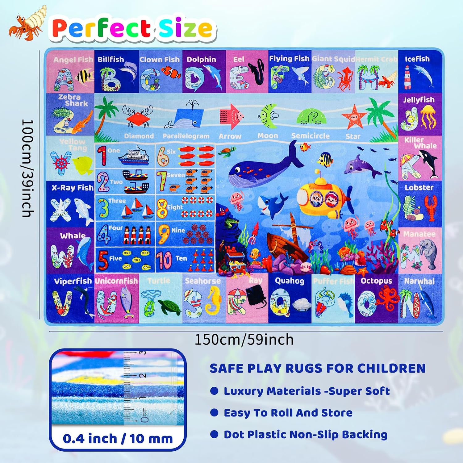 3'3"×5' Interactive Ocean World Learning Rug with ABC, Sea Animals, Numbers & Shapes for & Preschoolers, Washable Non-Slip Carpet for Playroom, Nursery & Homeschool - Image 7