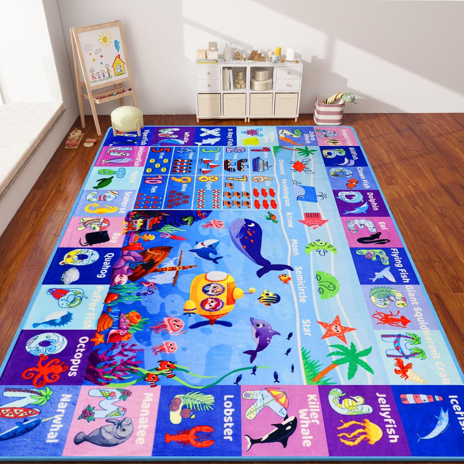 3'3"×5' Interactive Ocean World Learning Rug with ABC, Sea Animals, Numbers & Shapes for & Preschoolers, Washable Non-Slip Carpet for Playroom, Nursery & Homeschool - Image 8