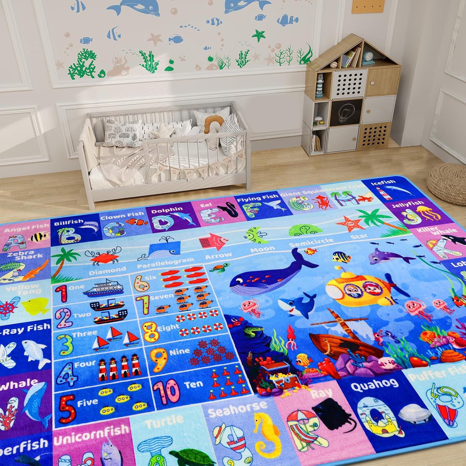 3'3"×5' Interactive Ocean World Learning Rug with ABC, Sea Animals, Numbers & Shapes for & Preschoolers, Washable Non-Slip Carpet for Playroom, Nursery & Homeschool - Image 9