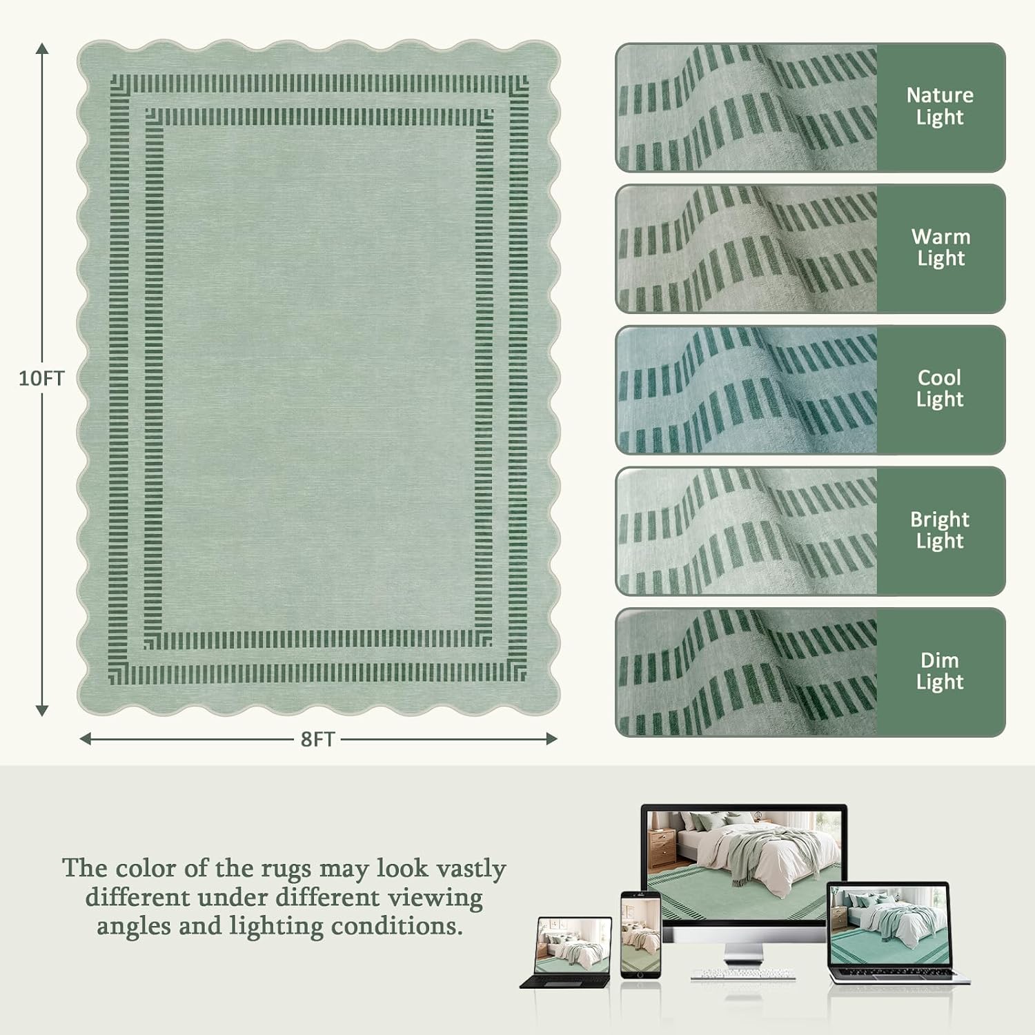 Scalloped Rug 5x7, Green Rugs for Living Room Ultra-Thin, Washable Area Rug Soft Rugs Non-Slip Throw Carpet for Bedroom Dining Room Playroom - Image 2