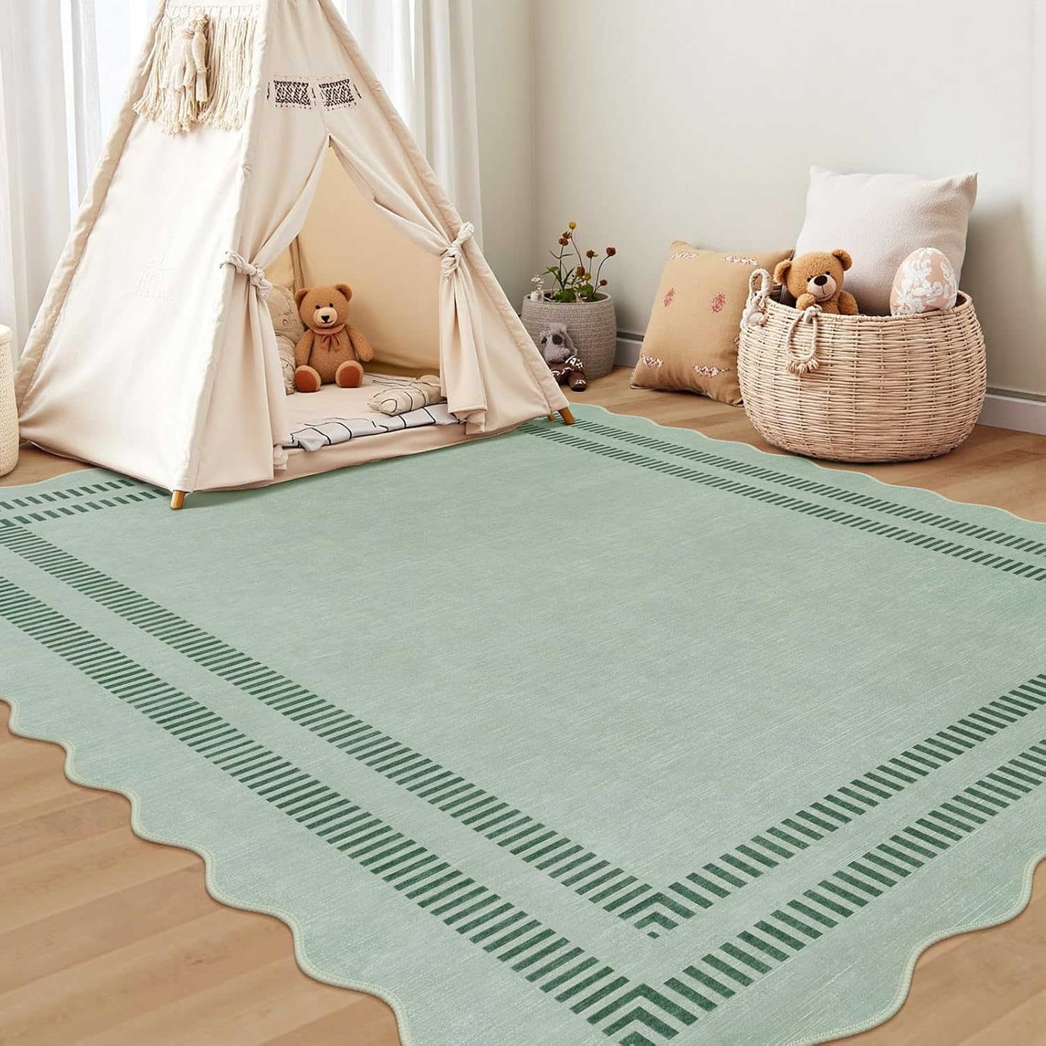Scalloped Rug 5x7, Green Rugs for Living Room Ultra-Thin, Washable Area Rug Soft Rugs Non-Slip Throw Carpet for Bedroom Dining Room Playroom - Image 3