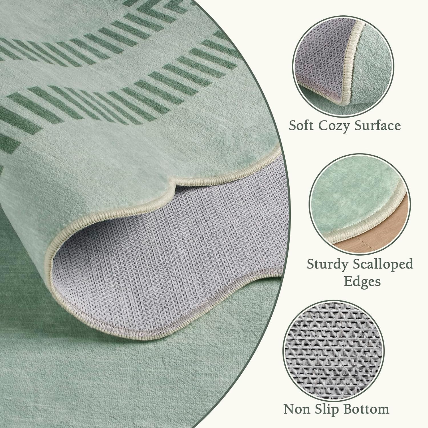 Scalloped Rug 5x7, Green Rugs for Living Room Ultra-Thin, Washable Area Rug Soft Rugs Non-Slip Throw Carpet for Bedroom Dining Room Playroom - Image 4