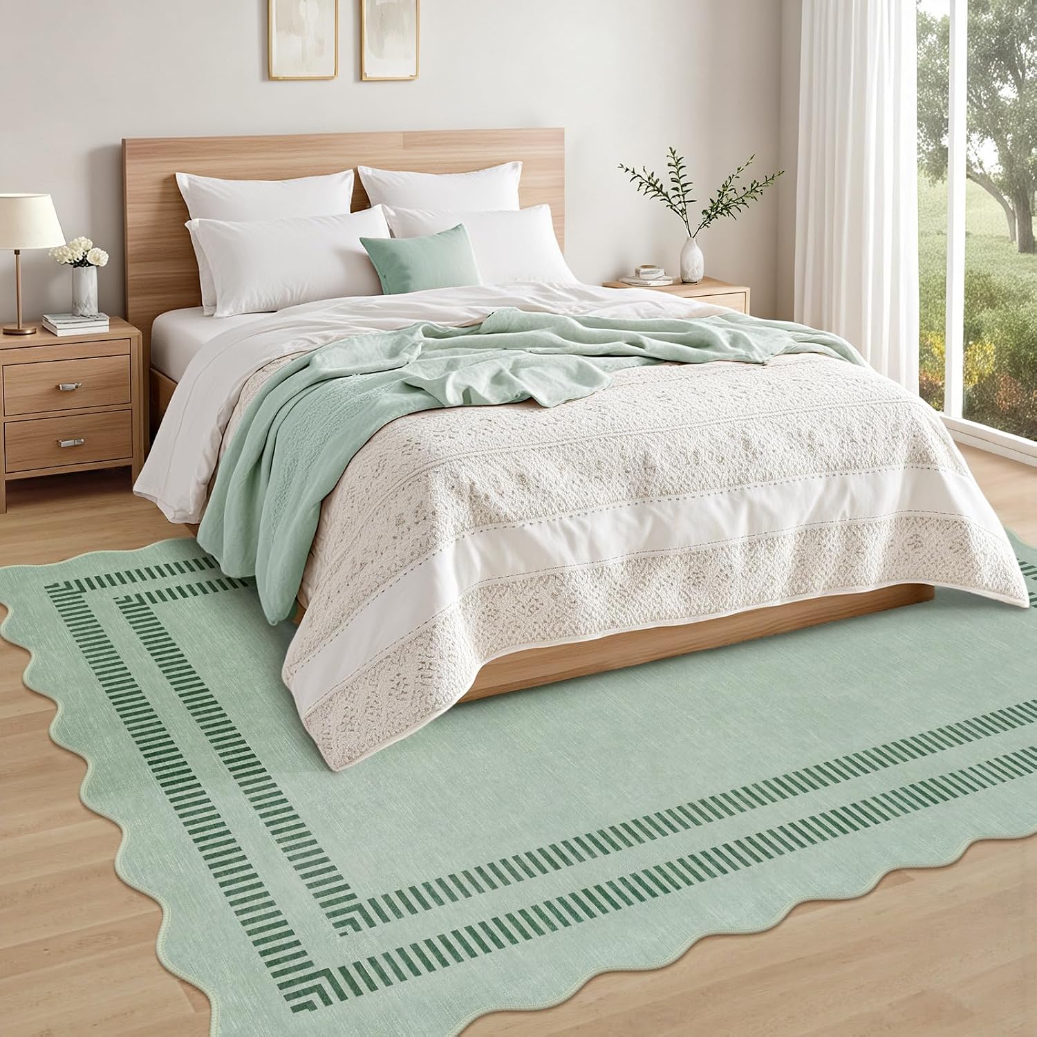Scalloped Rug 5x7, Green Rugs for Living Room Ultra-Thin, Washable Area Rug Soft Rugs Non-Slip Throw Carpet for Bedroom Dining Room Playroom - Image 8