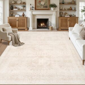 8x10 Area Rugs Living Room: Bedroom Neutral Washable Carpet Beige | Large Vintage Boho Indoor Decor Carpets Soft Nursery Farmhouse Dining Room Office Floor Non-Slip Low Pile Under Table Rug