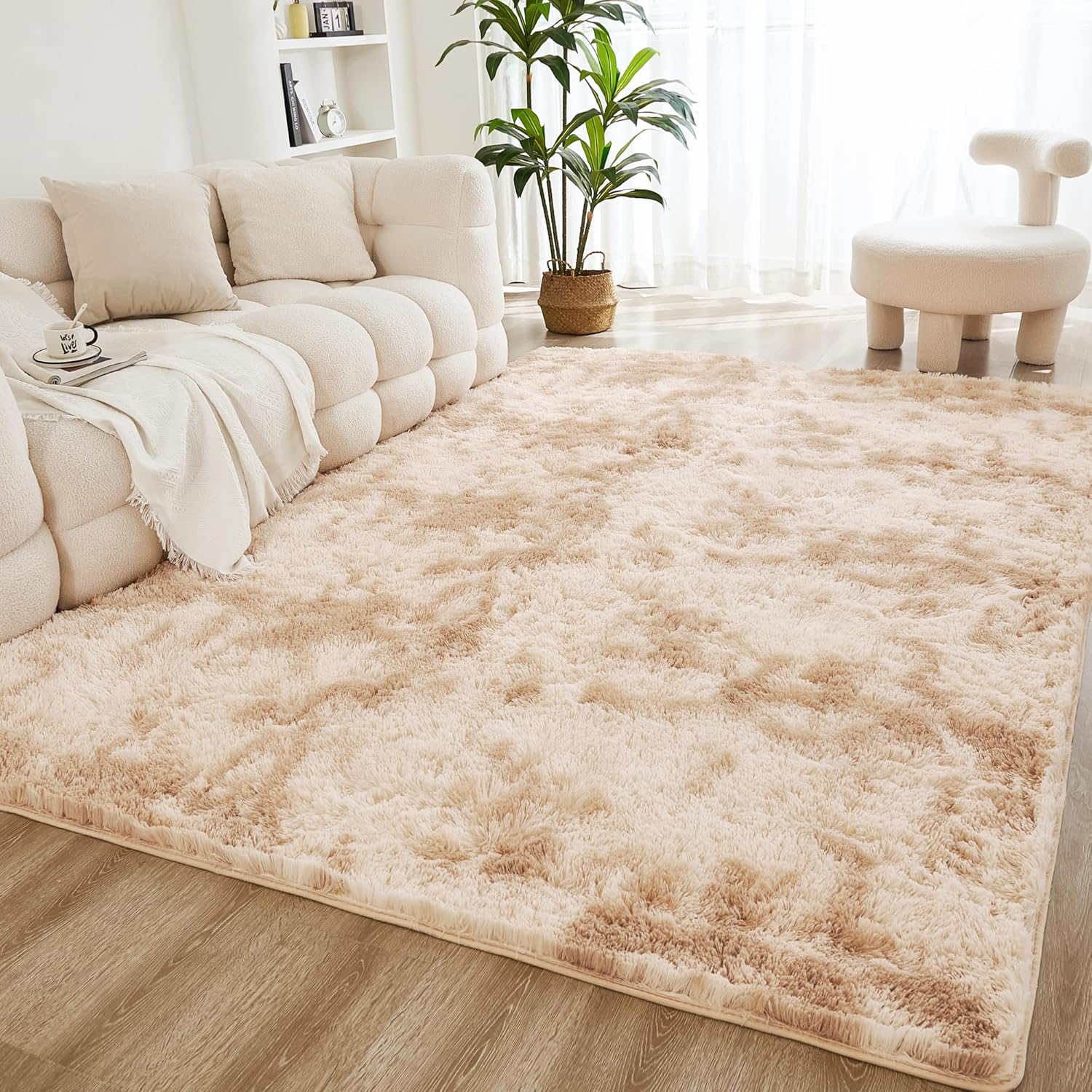 Litanika 5x8 Shag Area Rug for Bedroom, Tie-Dyed Beige Plush Rug | High Pile Soft Fluffy Shaggy Furry Modern Indoor Floor Rug Carpet for Bedside Playroom Dorm, Non-Slip, Non-Shedding