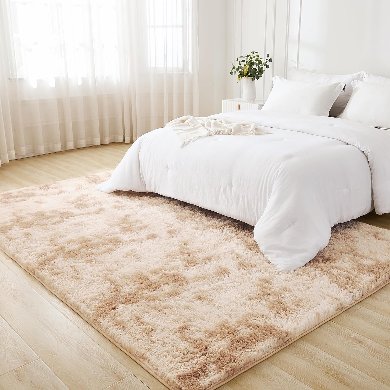 Litanika 5x8 Shag Area Rug for Bedroom, Tie-Dyed Beige Plush Rug | High Pile Soft Fluffy Shaggy Furry Modern Indoor Floor Rug Carpet for Bedside Playroom Dorm, Non-Slip, Non-Shedding - Image 3