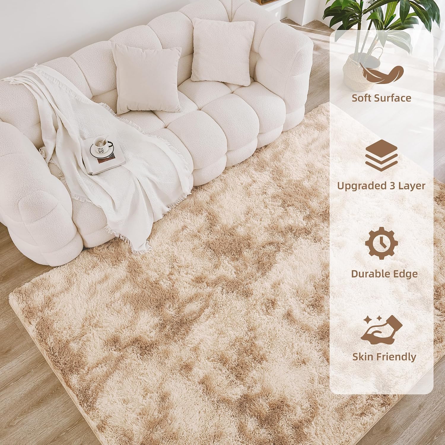 Litanika 5x8 Shag Area Rug for Bedroom, Tie-Dyed Beige Plush Rug | High Pile Soft Fluffy Shaggy Furry Modern Indoor Floor Rug Carpet for Bedside Playroom Dorm, Non-Slip, Non-Shedding - Image 4