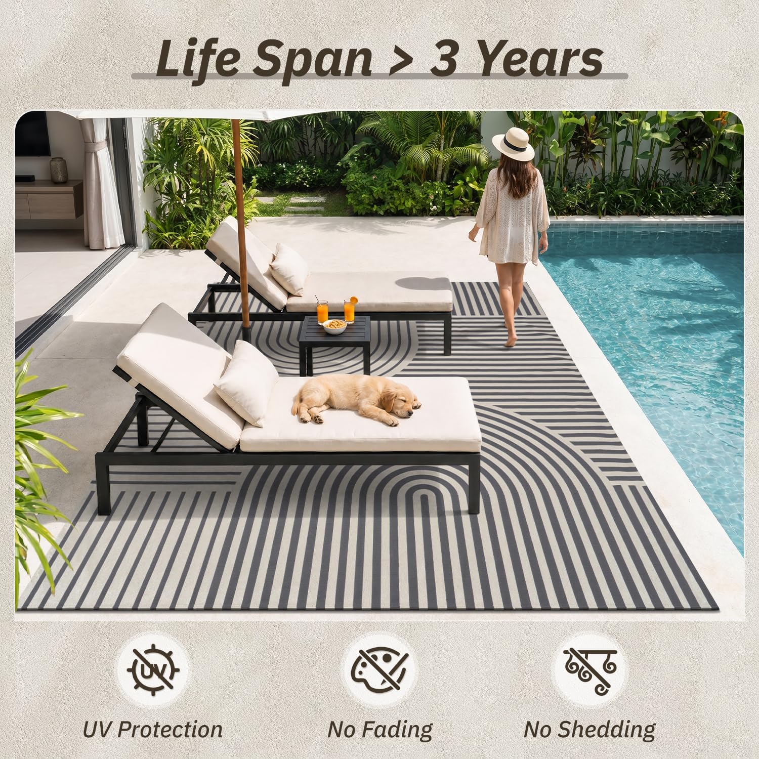 AMOAMI Outdoor Rug Patio Rug 5x8 ft Quick Dry Flatweave Textured Machine Washable Outdoor Carpet with Rubber Particles Backing Boho Outdoor Area Rug for Patio Deck Front Porch Balcony Greyish Black - Image 5