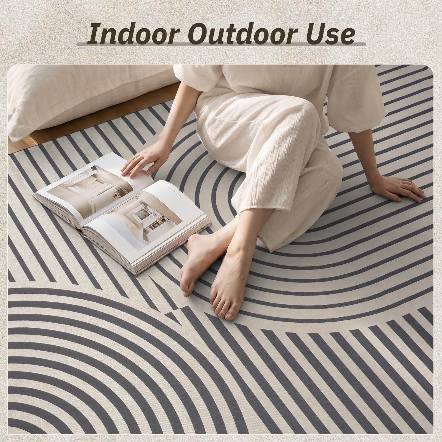AMOAMI Outdoor Rug Patio Rug 5x8 ft Quick Dry Flatweave Textured Machine Washable Outdoor Carpet with Rubber Particles Backing Boho Outdoor Area Rug for Patio Deck Front Porch Balcony Greyish Black - Image 6