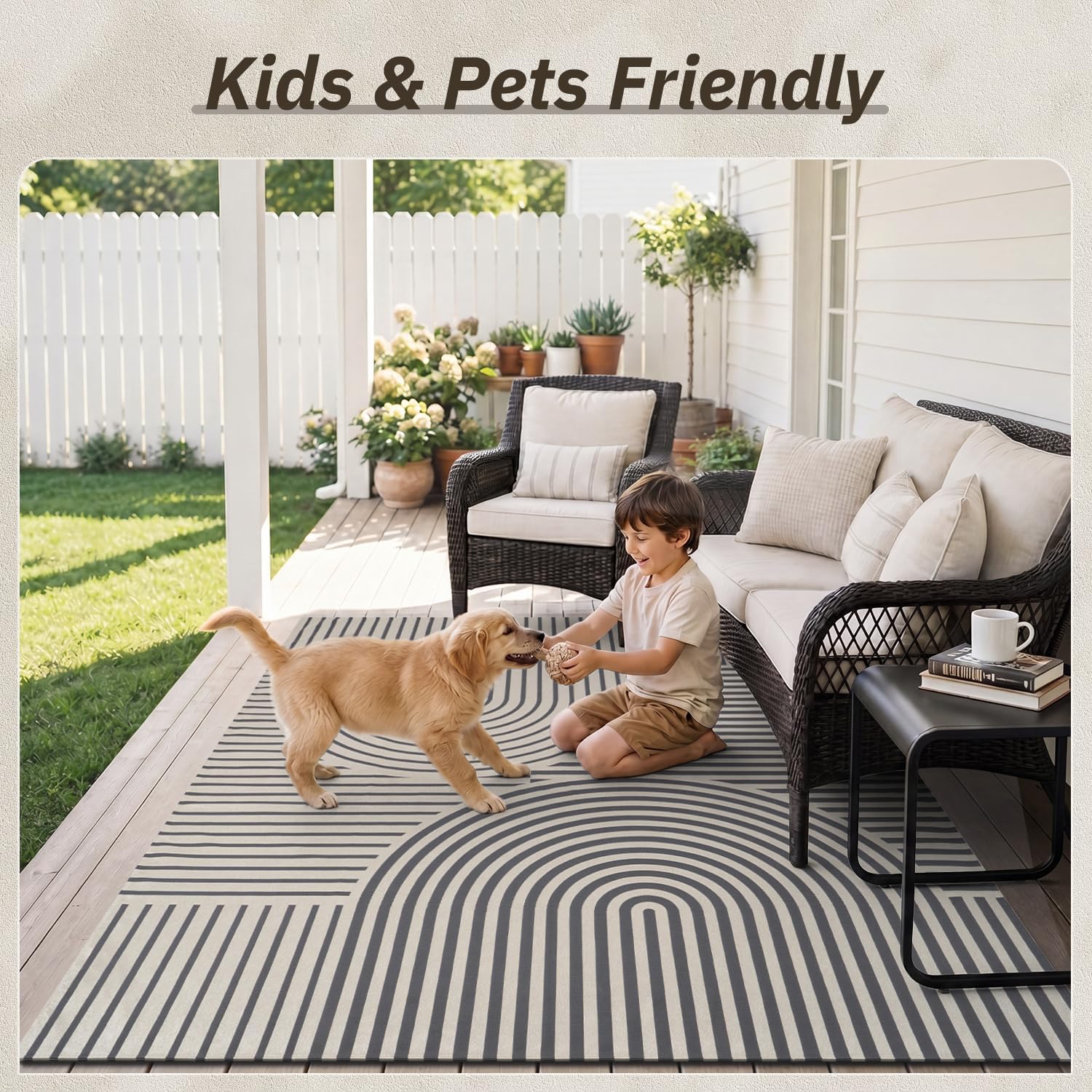AMOAMI Outdoor Rug Patio Rug 5x8 ft Quick Dry Flatweave Textured Machine Washable Outdoor Carpet with Rubber Particles Backing Boho Outdoor Area Rug for Patio Deck Front Porch Balcony Greyish Black - Image 7