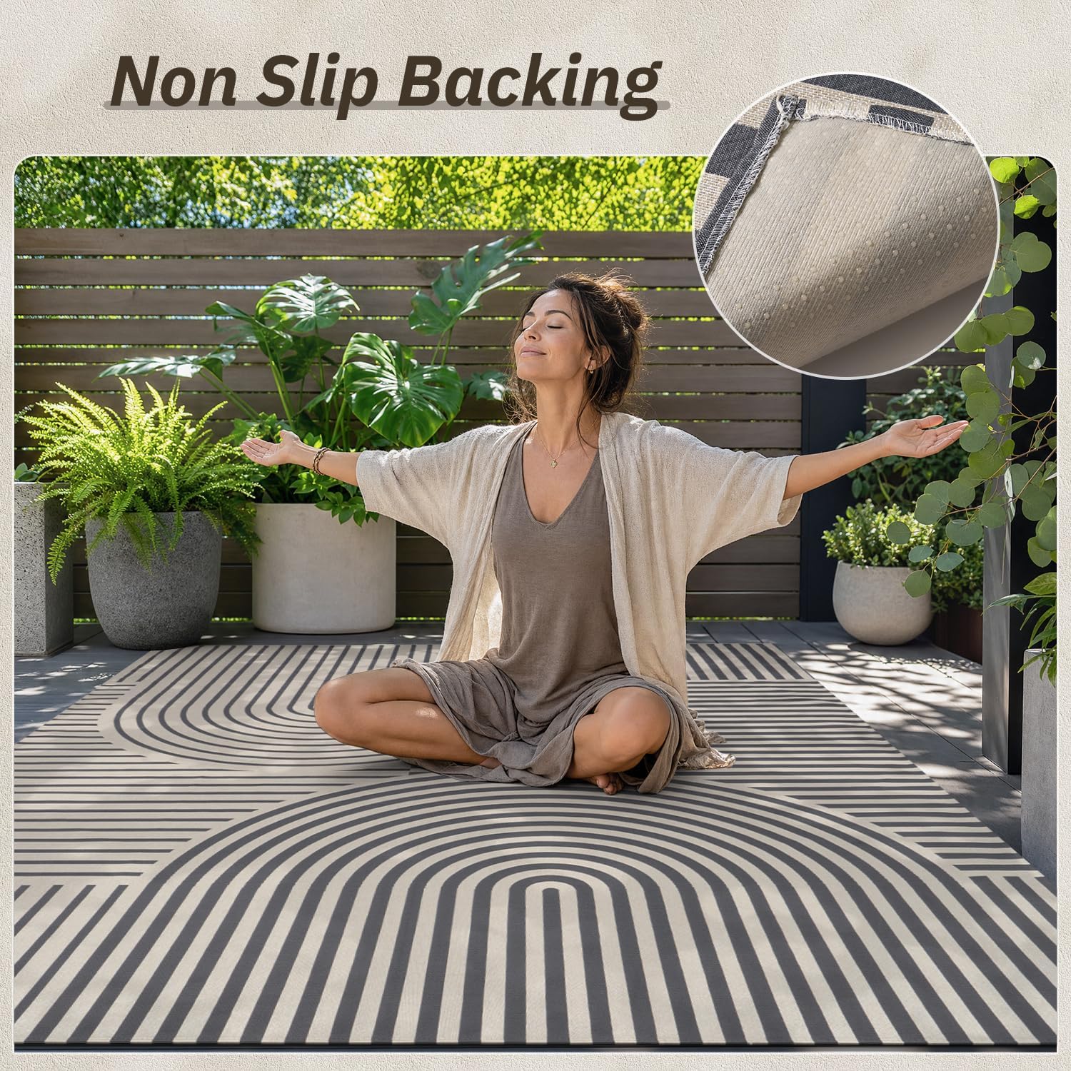 AMOAMI Outdoor Rug Patio Rug 5x8 ft Quick Dry Flatweave Textured Machine Washable Outdoor Carpet with Rubber Particles Backing Boho Outdoor Area Rug for Patio Deck Front Porch Balcony Greyish Black - Image 8