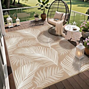 Pauwer Waterproof Outdoor Rug 5x8, Plastic Straw Patio Rug, Leaf Brown | Reversible Camping Rug, UV Resistant Indoor Outdoor RV Mat Carpet for Deck, Camper, Porch, Balcony, Backyard, Picnic