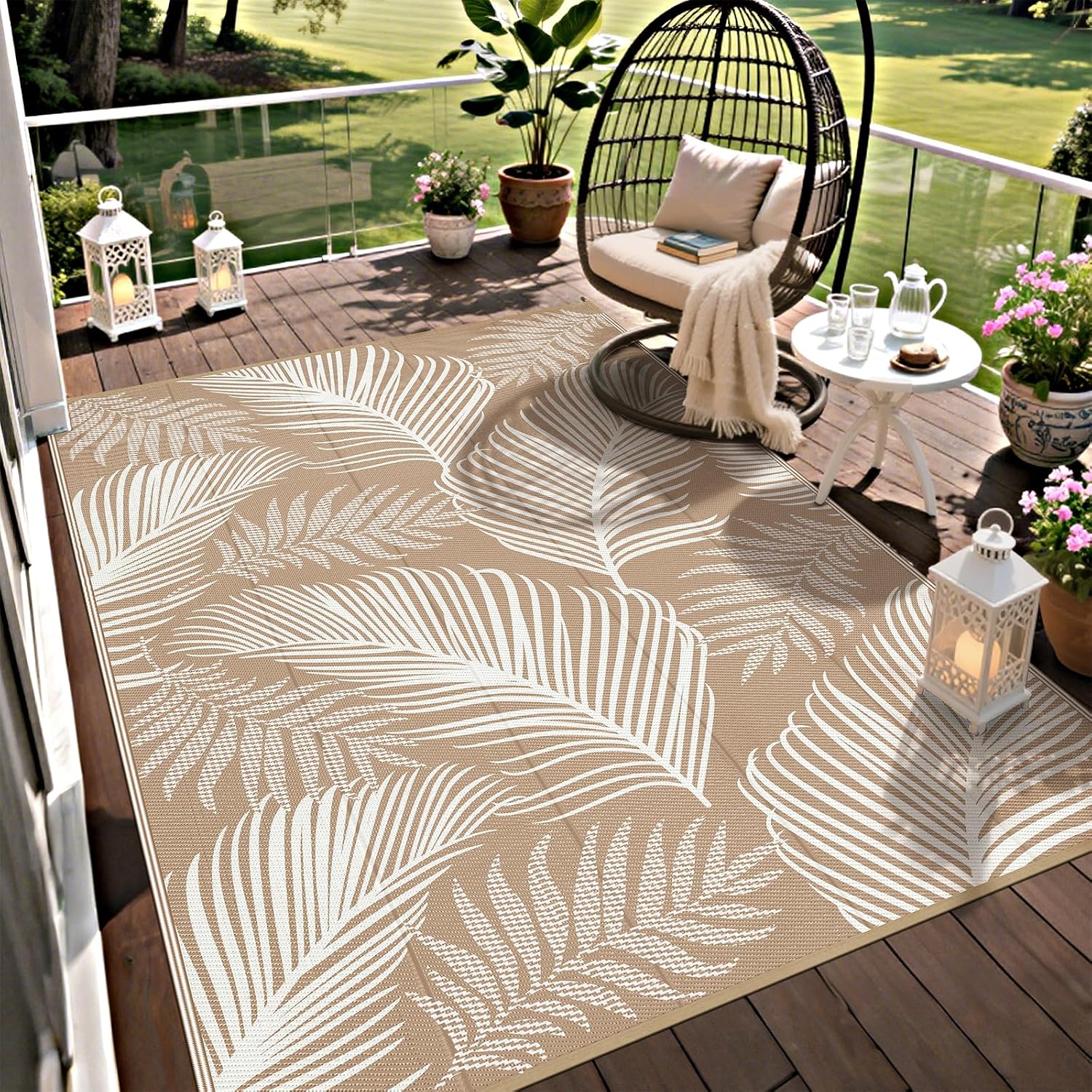Pauwer Waterproof Outdoor Rug 5x8, Plastic Straw Patio Rug, Leaf Brown | Reversible Camping Rug, UV Resistant Indoor Outdoor RV Mat Carpet for Deck, Camper, Porch, Balcony, Backyard, Picnic
