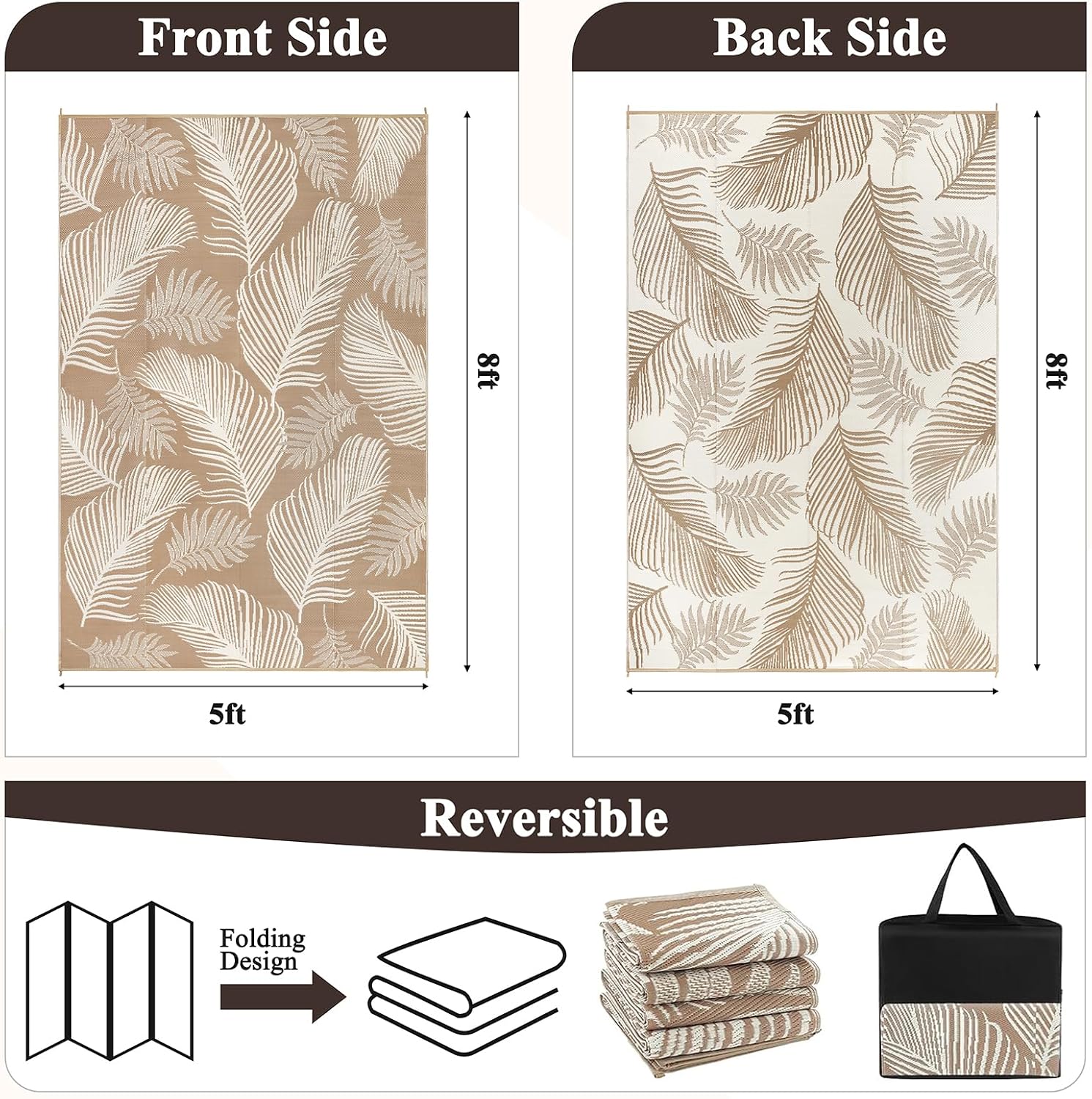 Pauwer Waterproof Outdoor Rug 5x8, Plastic Straw Patio Rug, Leaf Brown | Reversible Camping Rug, UV Resistant Indoor Outdoor RV Mat Carpet for Deck, Camper, Porch, Balcony, Backyard, Picnic - Image 3